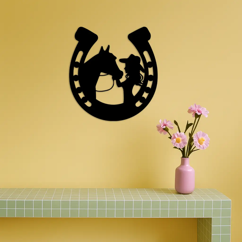 Pink Cowgirl and Horse Silhouette Metal Wall Art – Western Horseshoe Decor - KAFGP023 by Enova Art