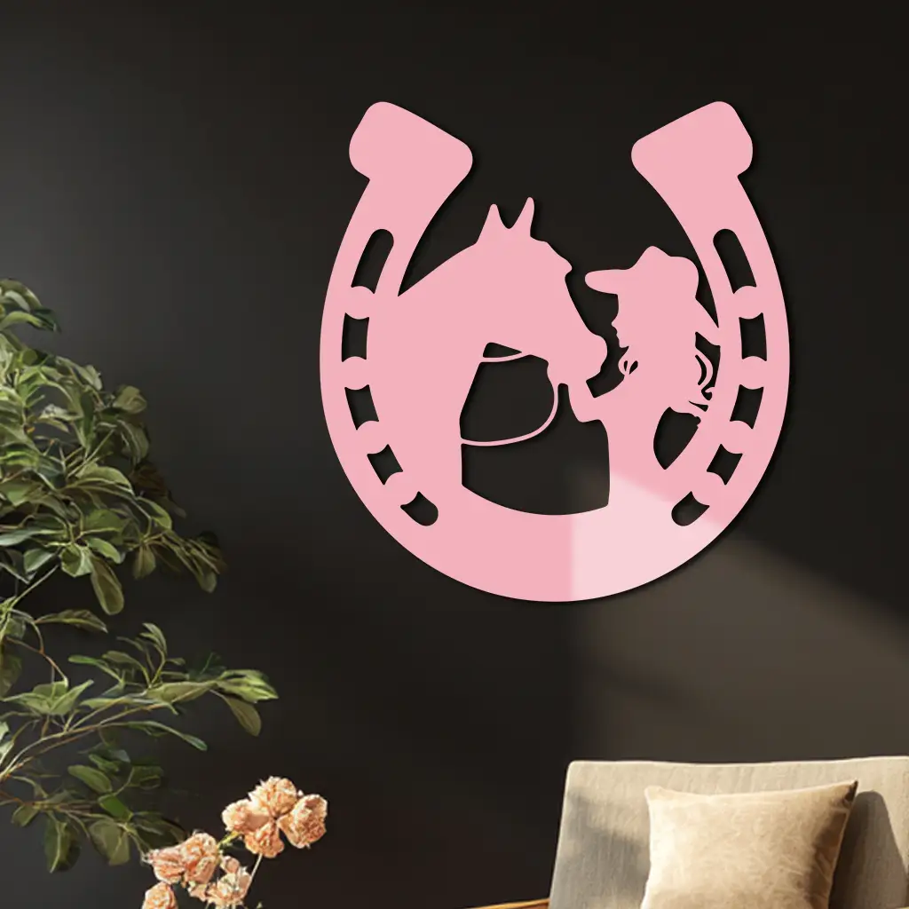 Pink Cowgirl and Horse Silhouette Metal Wall Art – Western Horseshoe Decor - KAFGP023 by Enova Art