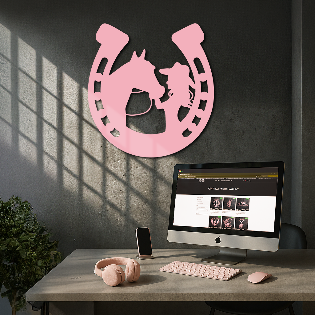 Pink Cowgirl and Horse Silhouette Metal Wall Art – Western Horseshoe Decor - KAFGP023 by Enova Art