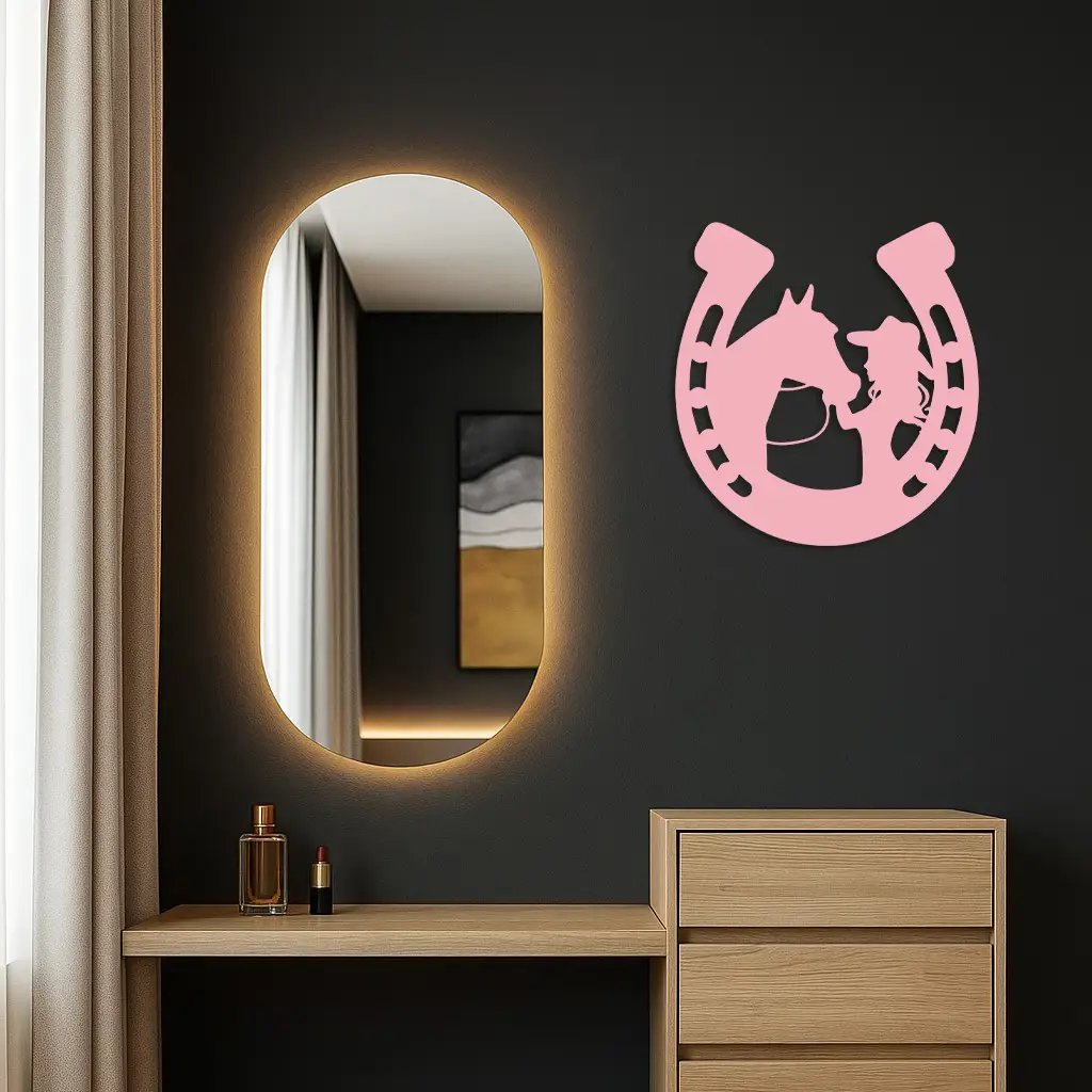 Pink Cowgirl and Horse Silhouette Metal Wall Art – Western Horseshoe Decor - KAFGP023 by Enova Art