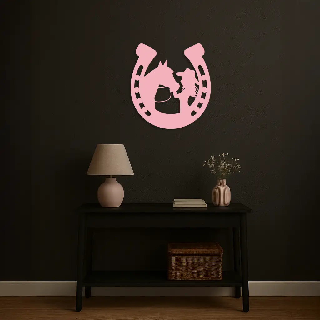 Pink Cowgirl and Horse Silhouette Metal Wall Art – Western Horseshoe Decor - KAFGP023 by Enova Art