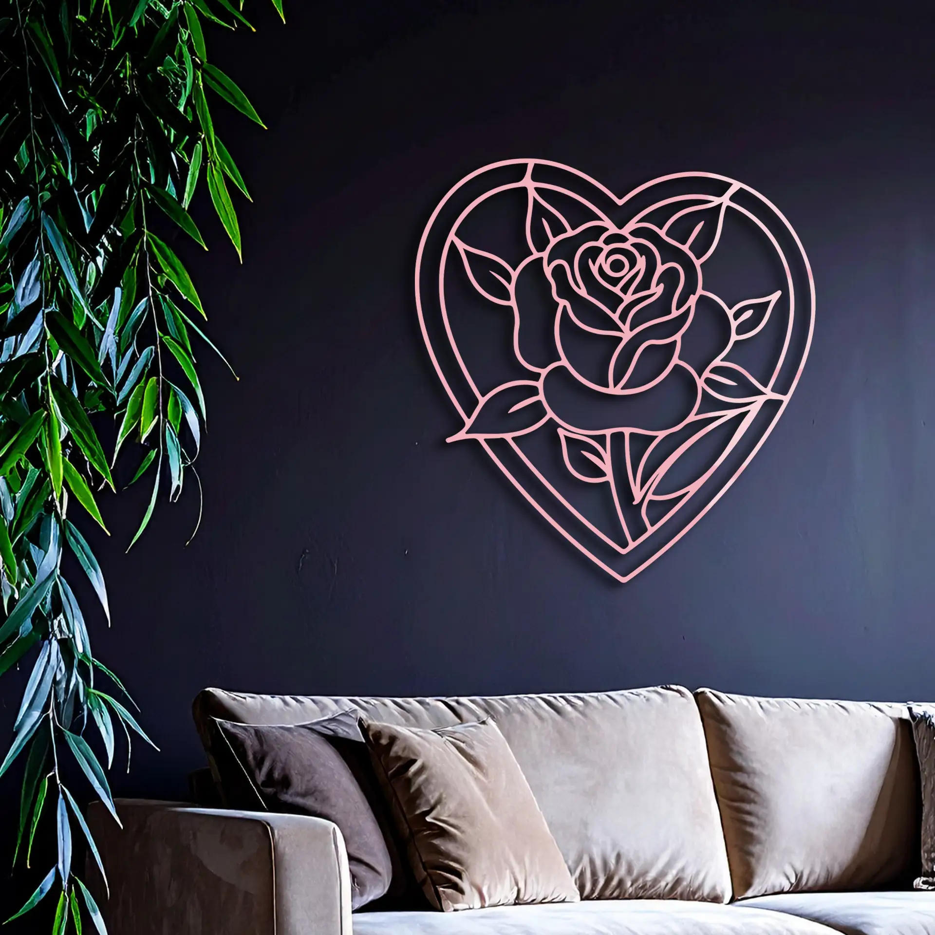 Heart Rose Silhouette Metal Wall Art – Romantic Flower Design - KAFGP034 by Enova Art