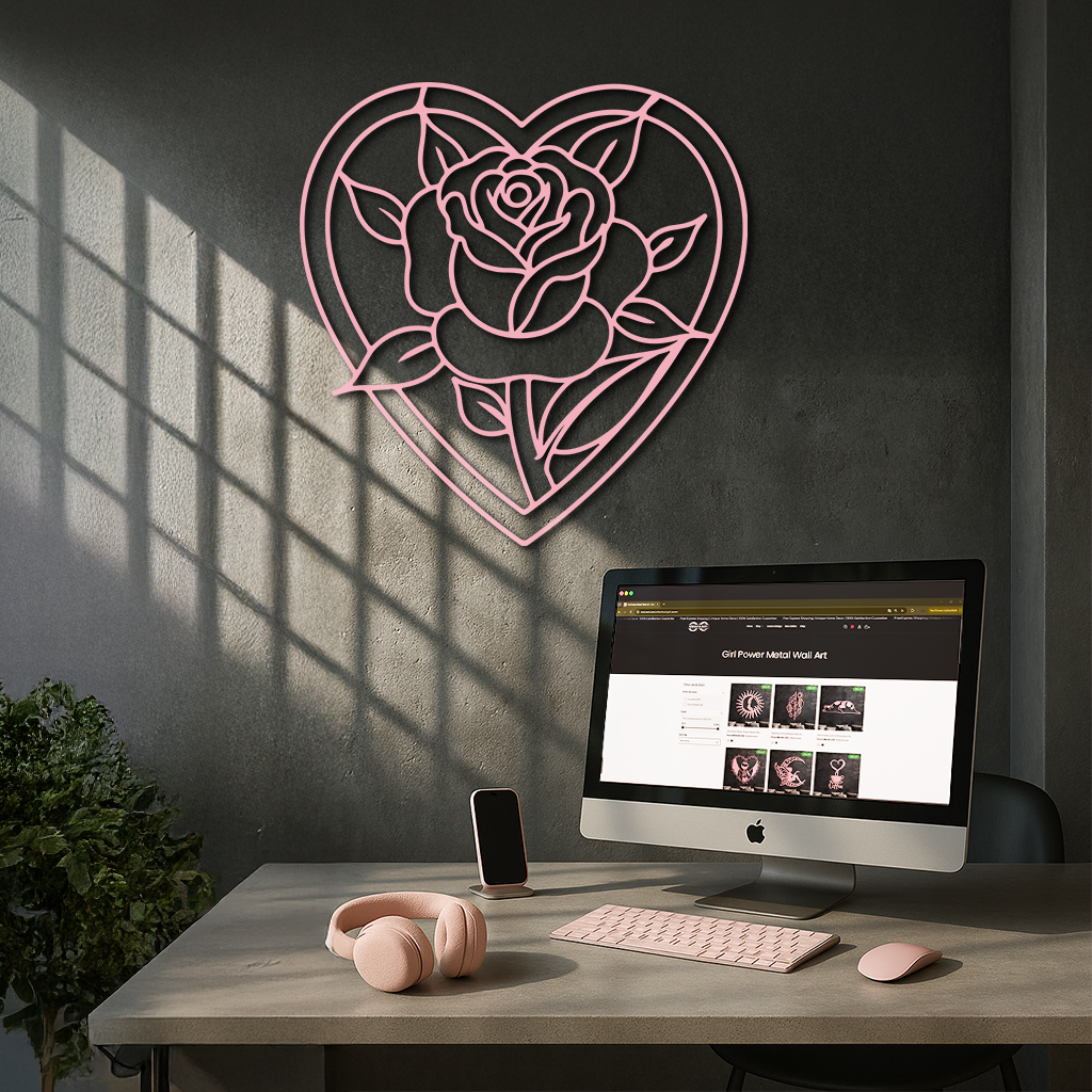 Heart Rose Silhouette Metal Wall Art – Romantic Flower Design - KAFGP034 by Enova Art