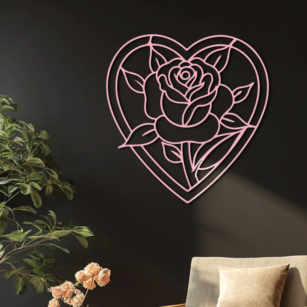 Heart Rose Silhouette Metal Wall Art – Romantic Flower Design - KAFGP034 by Enova Art