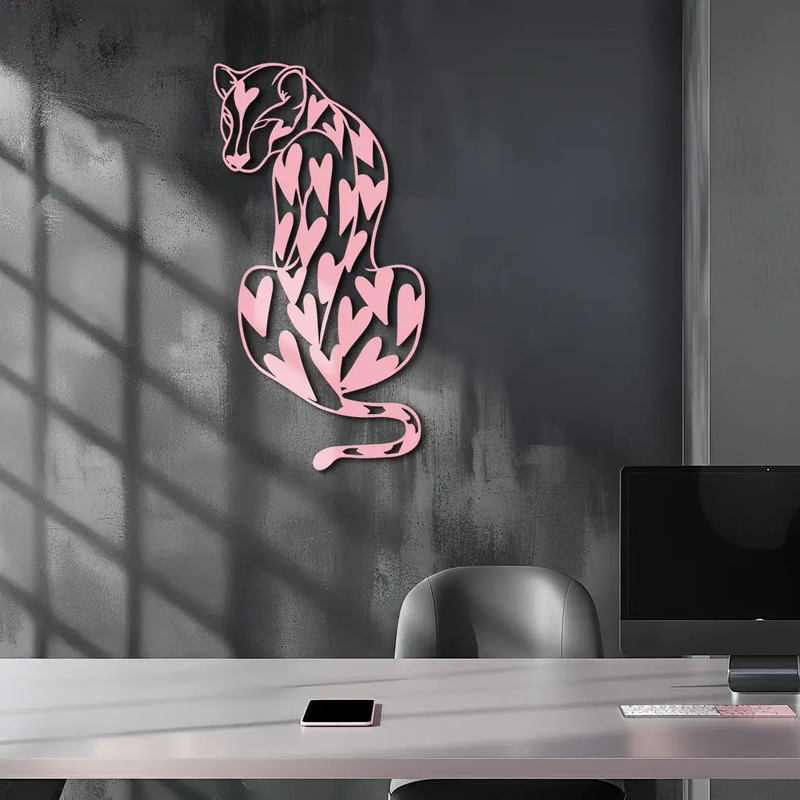 Heart Pattern Leopard Silhouette Metal Wall Art – Modern Animal Design - KAFGP044 by Enova Art
