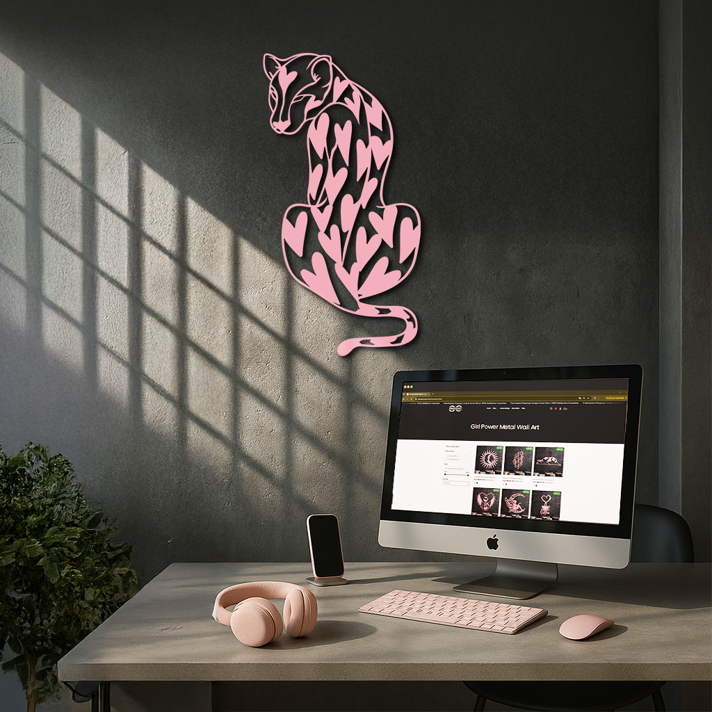 Heart Pattern Leopard Silhouette Metal Wall Art – Modern Animal Design - KAFGP044 by Enova Art