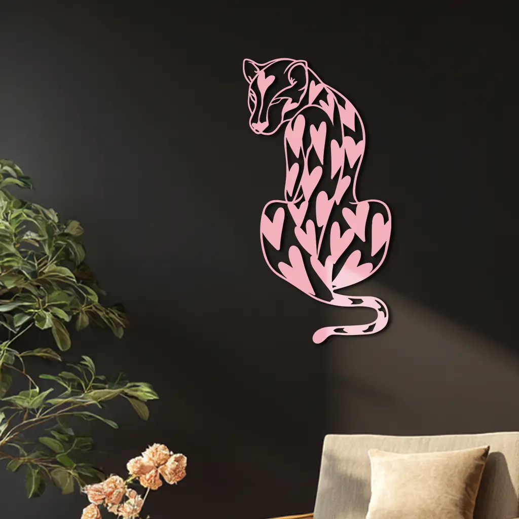 Heart Pattern Leopard Silhouette Metal Wall Art – Modern Animal Design - KAFGP044 by Enova Art
