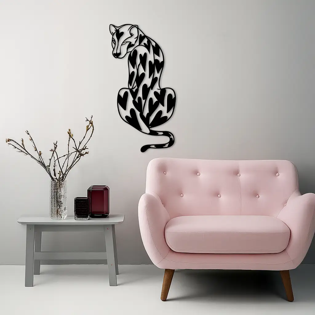Heart Pattern Leopard Silhouette Metal Wall Art – Modern Animal Design - KAFGP044 by Enova Art