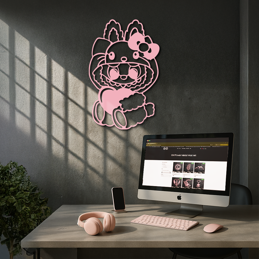 Hello Kitty Hat Labubu Metal Wall Art – Cute Cartoon Character Design - KAFGP051 by Enova Art