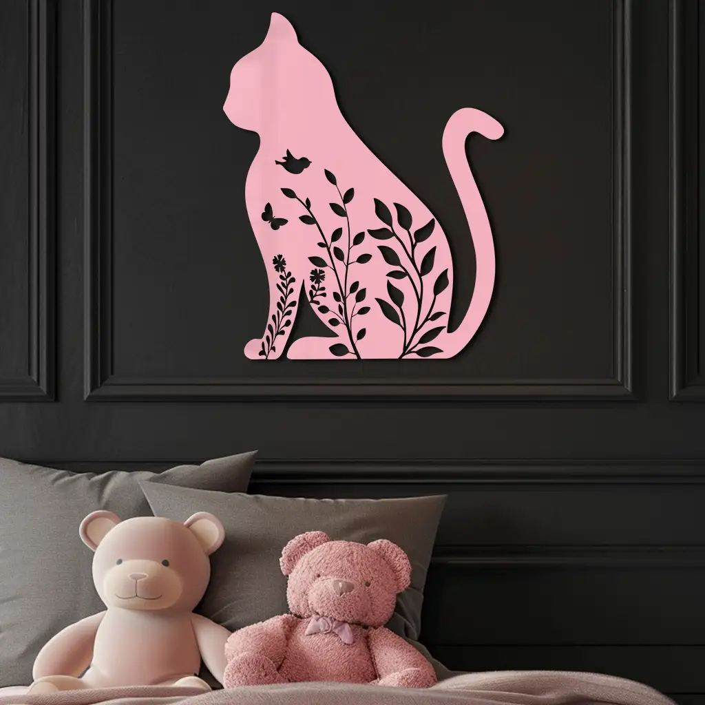 Floral Cat Silhouette Metal Wall Art – Elegant Pet-Inspired Home Décor - KAFGP061 by Enova Art