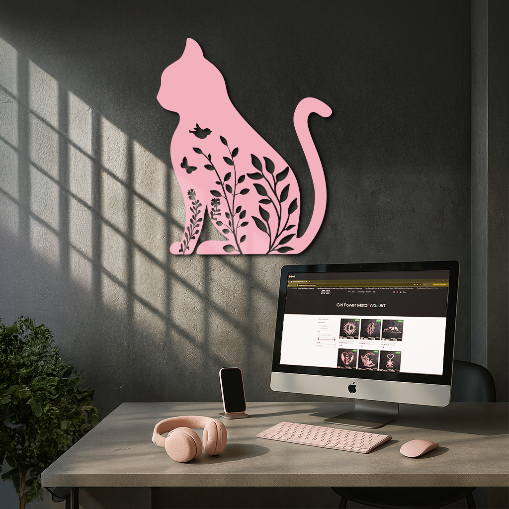 Floral Cat Silhouette Metal Wall Art – Elegant Pet-Inspired Home Décor - KAFGP061 by Enova Art