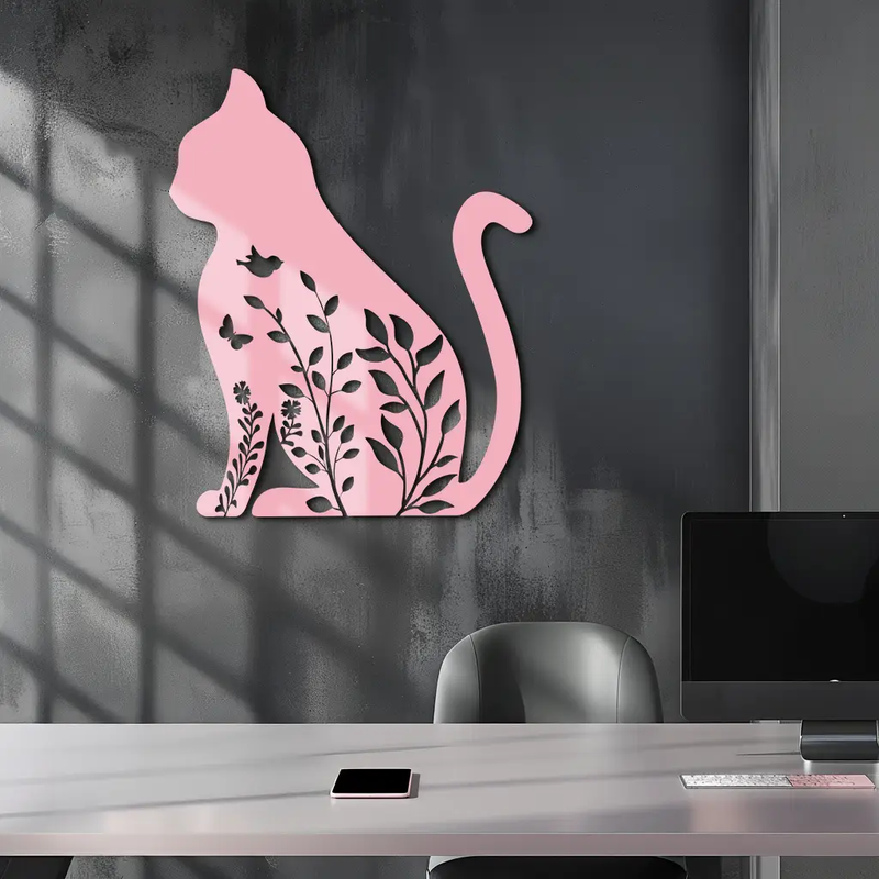 Floral Cat Silhouette Metal Wall Art – Elegant Pet-Inspired Home Décor - KAFGP061 by Enova Art