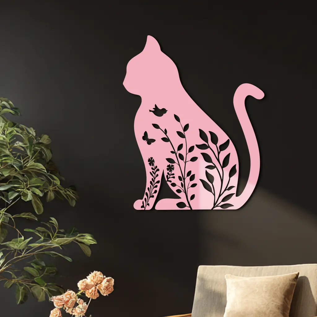 Floral Cat Silhouette Metal Wall Art – Elegant Pet-Inspired Home Décor - KAFGP061 by Enova Art