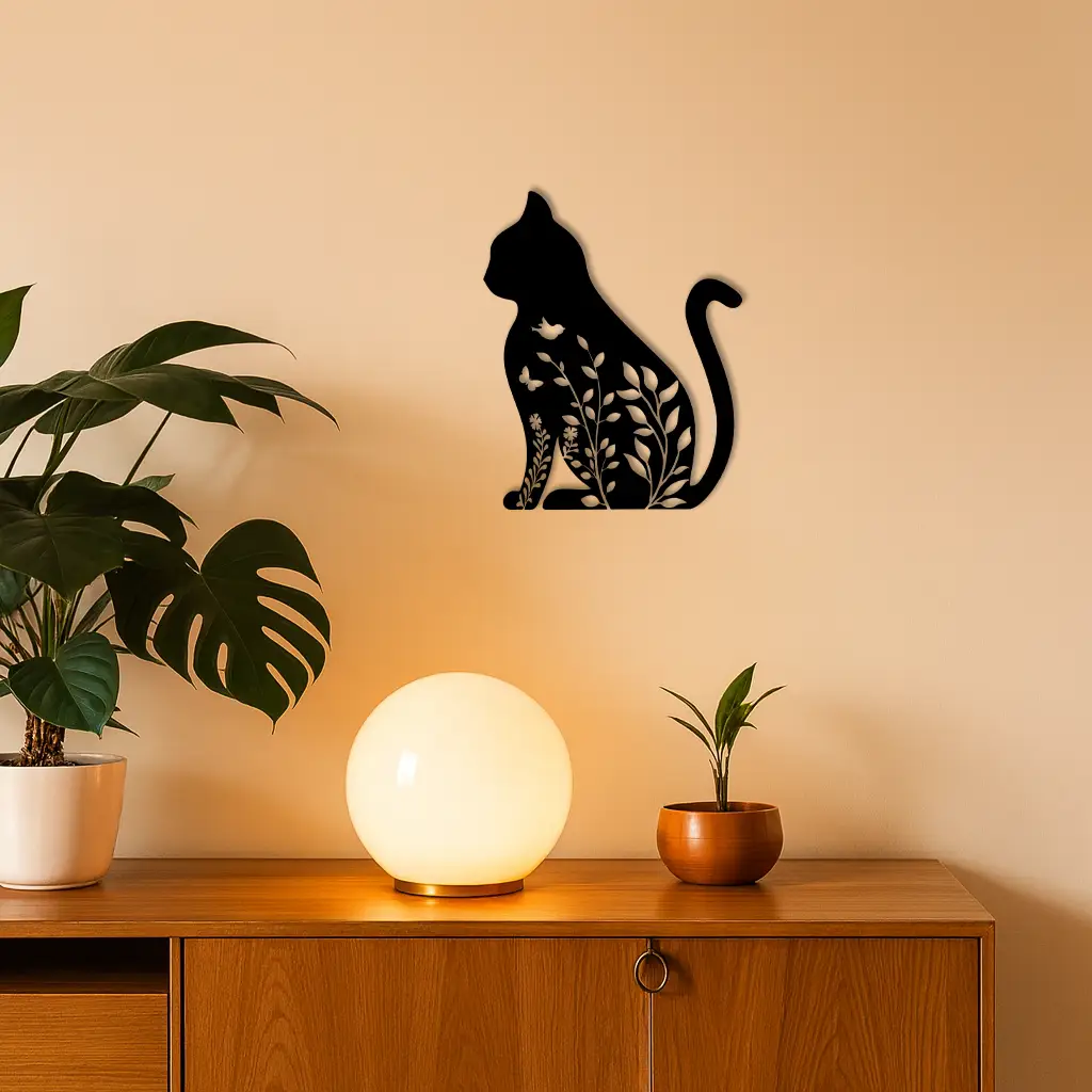 Floral Cat Silhouette Metal Wall Art – Elegant Pet-Inspired Home Décor - KAFGP061 by Enova Art