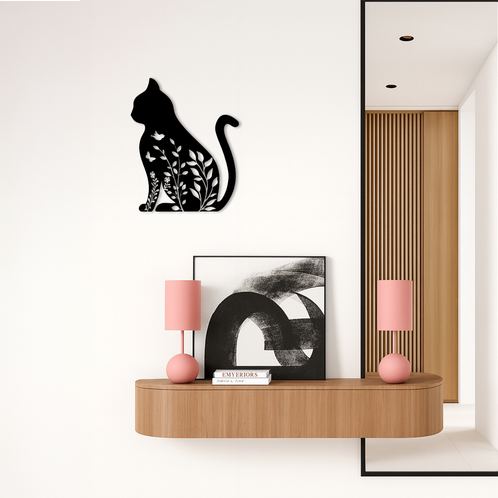 Floral Cat Silhouette Metal Wall Art – Elegant Pet-Inspired Home Décor - KAFGP061 by Enova Art