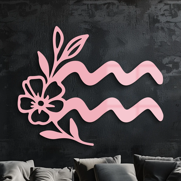 Aquarius Zodiac Flower Symbol Metal Wall Art – Modern Astrology Decor - KAFGP077