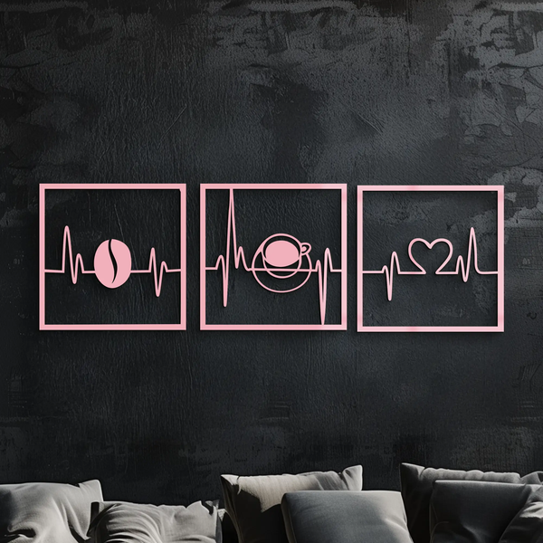 Coffee Heartbeat Metal Wall Art – 3 Panel Espresso Lover Decor - KAFGP128