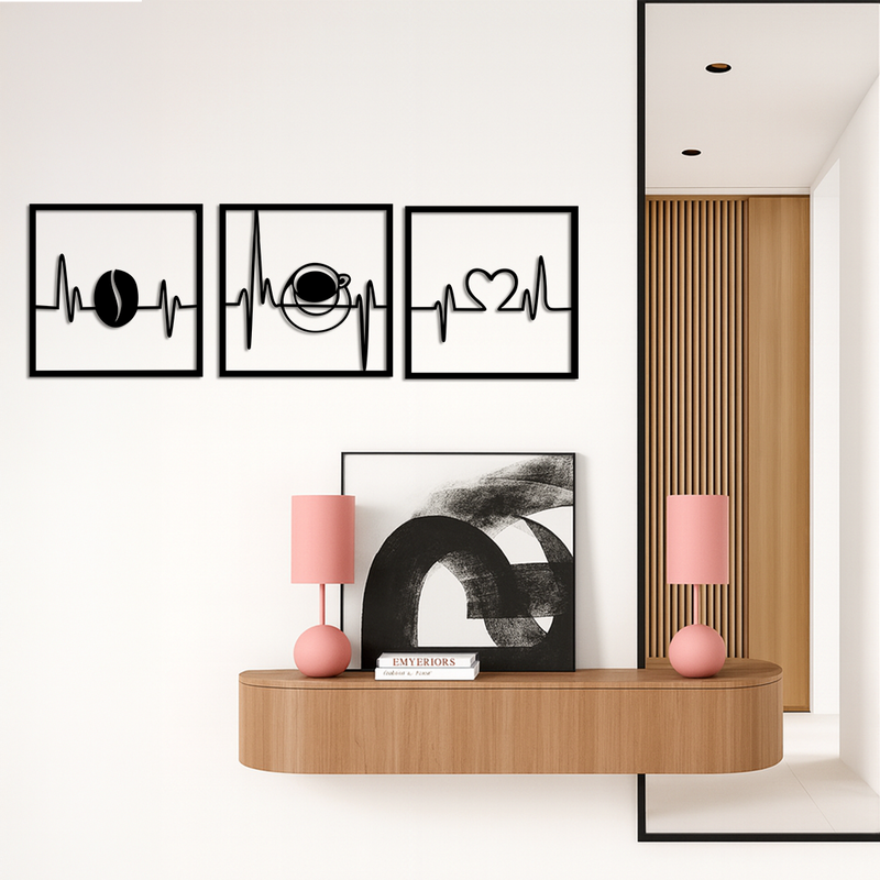 Coffee Heartbeat Metal Wall Art – 3 Panel Espresso Lover Decor - KAFGP128 by Enova Art