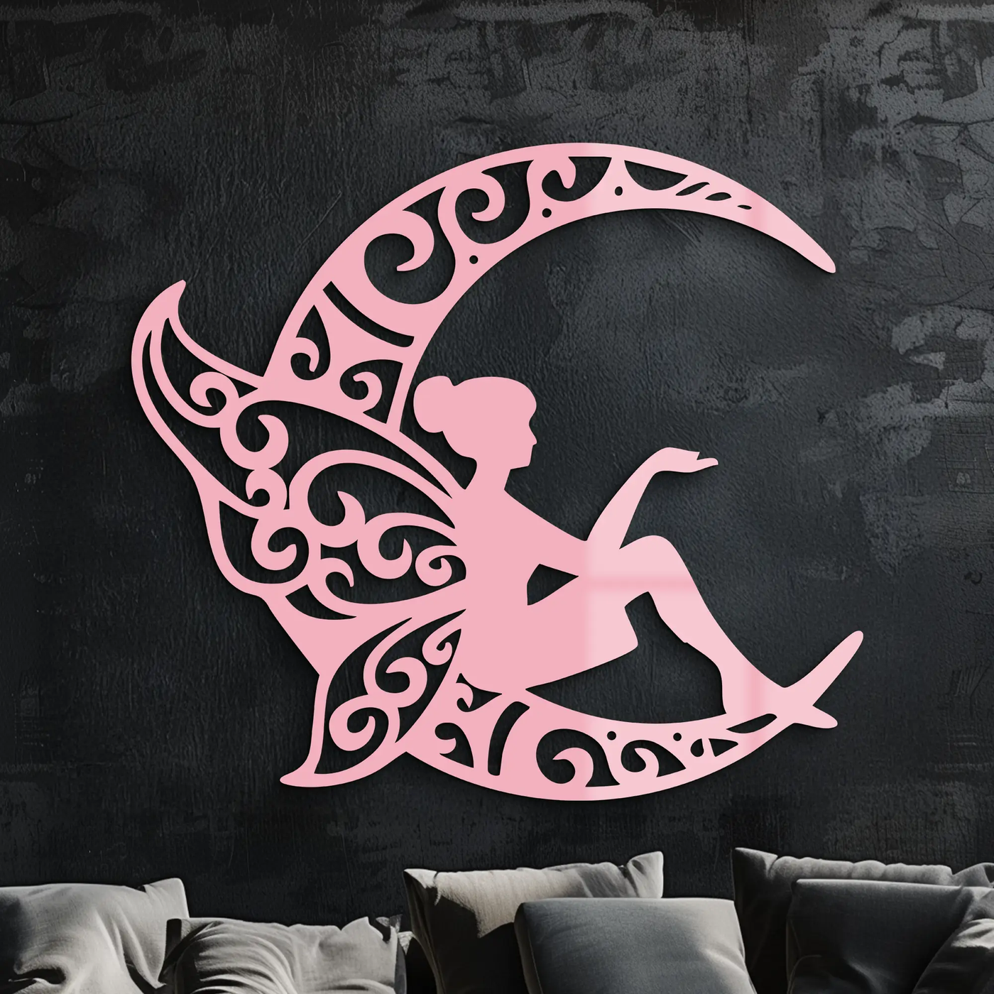 Fairy Sitting on Crescent Moon Metal Wall Art – Enchanted Decorative Silhouette - KAFGP132 by Enova Art