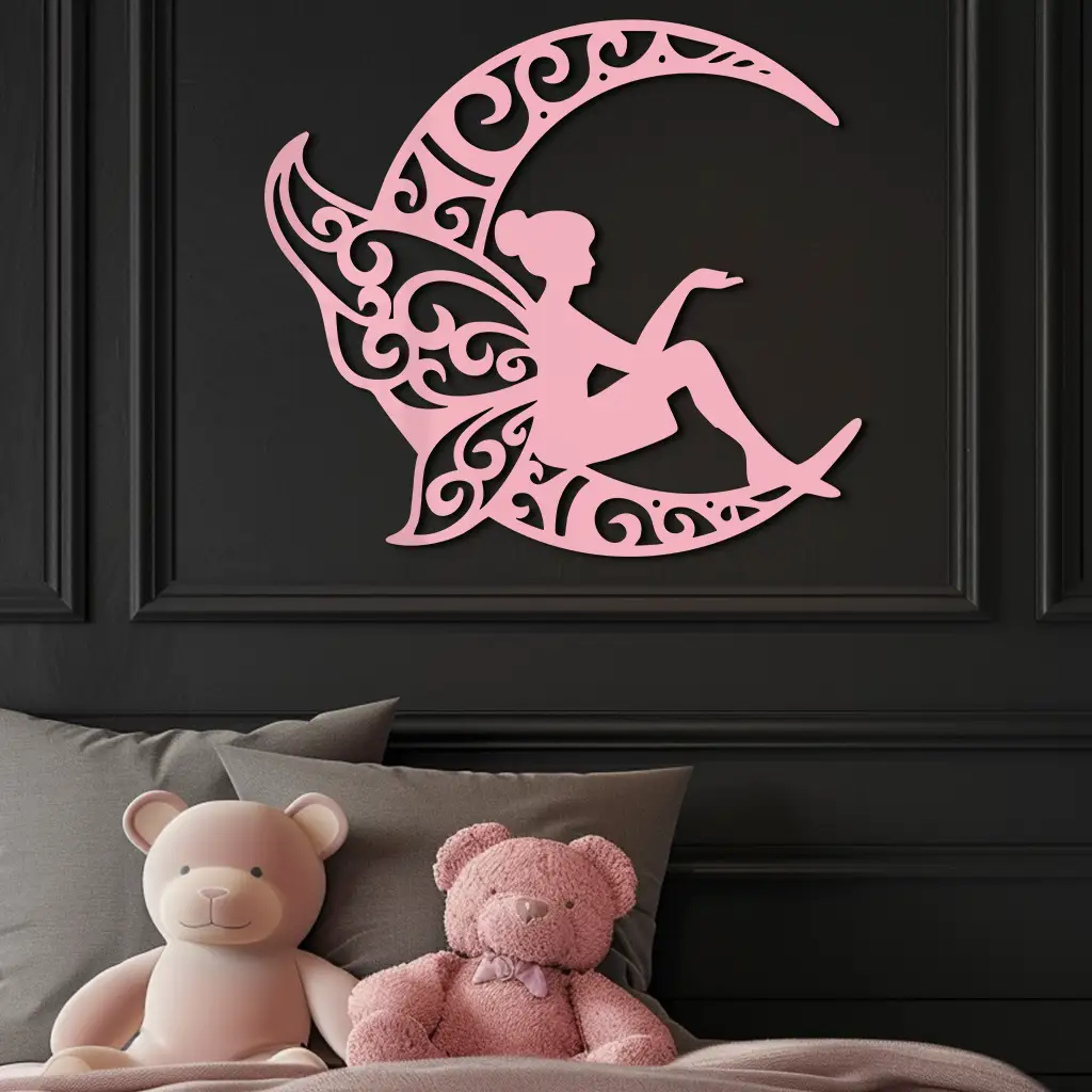 Fairy Sitting on Crescent Moon Metal Wall Art – Enchanted Decorative Silhouette - KAFGP132 by Enova Art