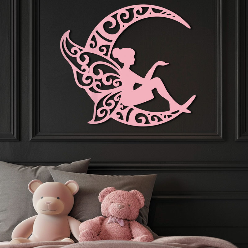 Fairy Sitting on Crescent Moon Metal Wall Art – Enchanted Decorative Silhouette - KAFGP132 by Enova Art