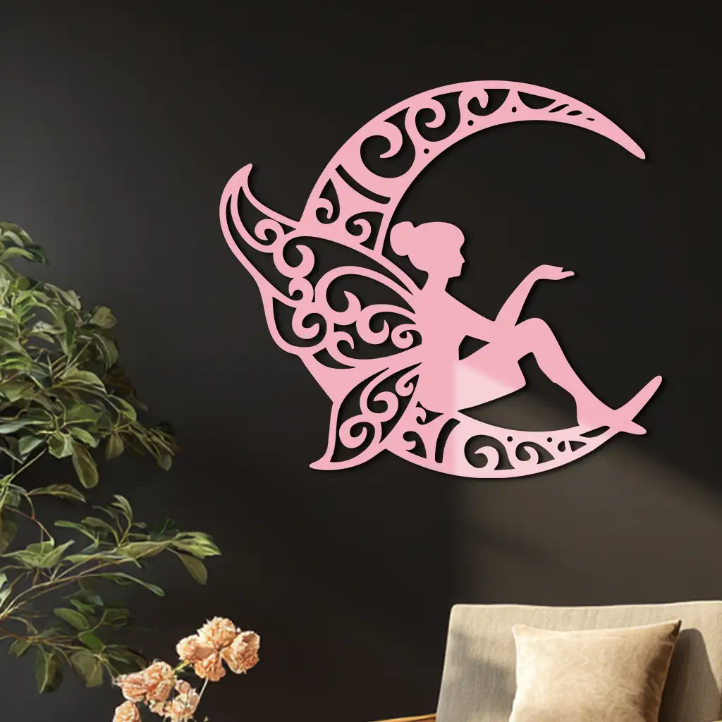 Fairy Sitting on Crescent Moon Metal Wall Art – Enchanted Decorative Silhouette - KAFGP132 by Enova Art