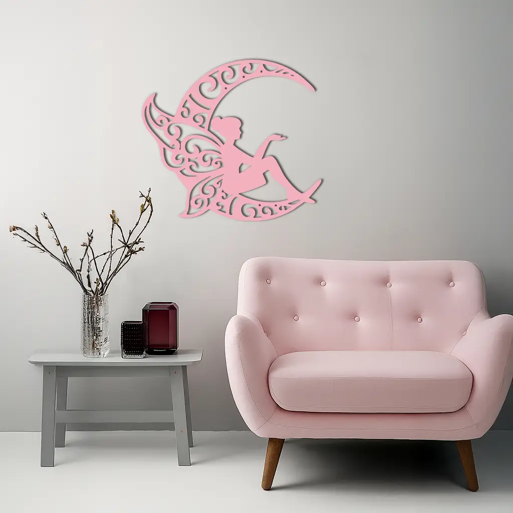Fairy Sitting on Crescent Moon Metal Wall Art – Enchanted Decorative Silhouette - KAFGP132 by Enova Art