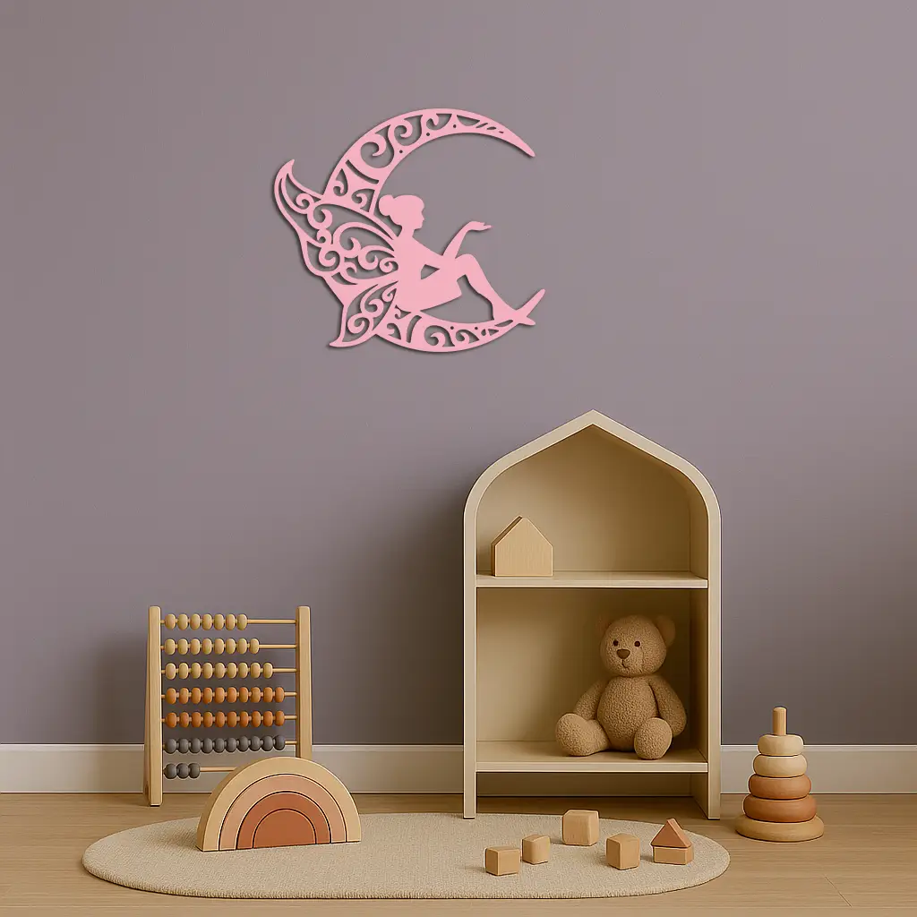 Fairy Sitting on Crescent Moon Metal Wall Art – Enchanted Decorative Silhouette - KAFGP132 by Enova Art