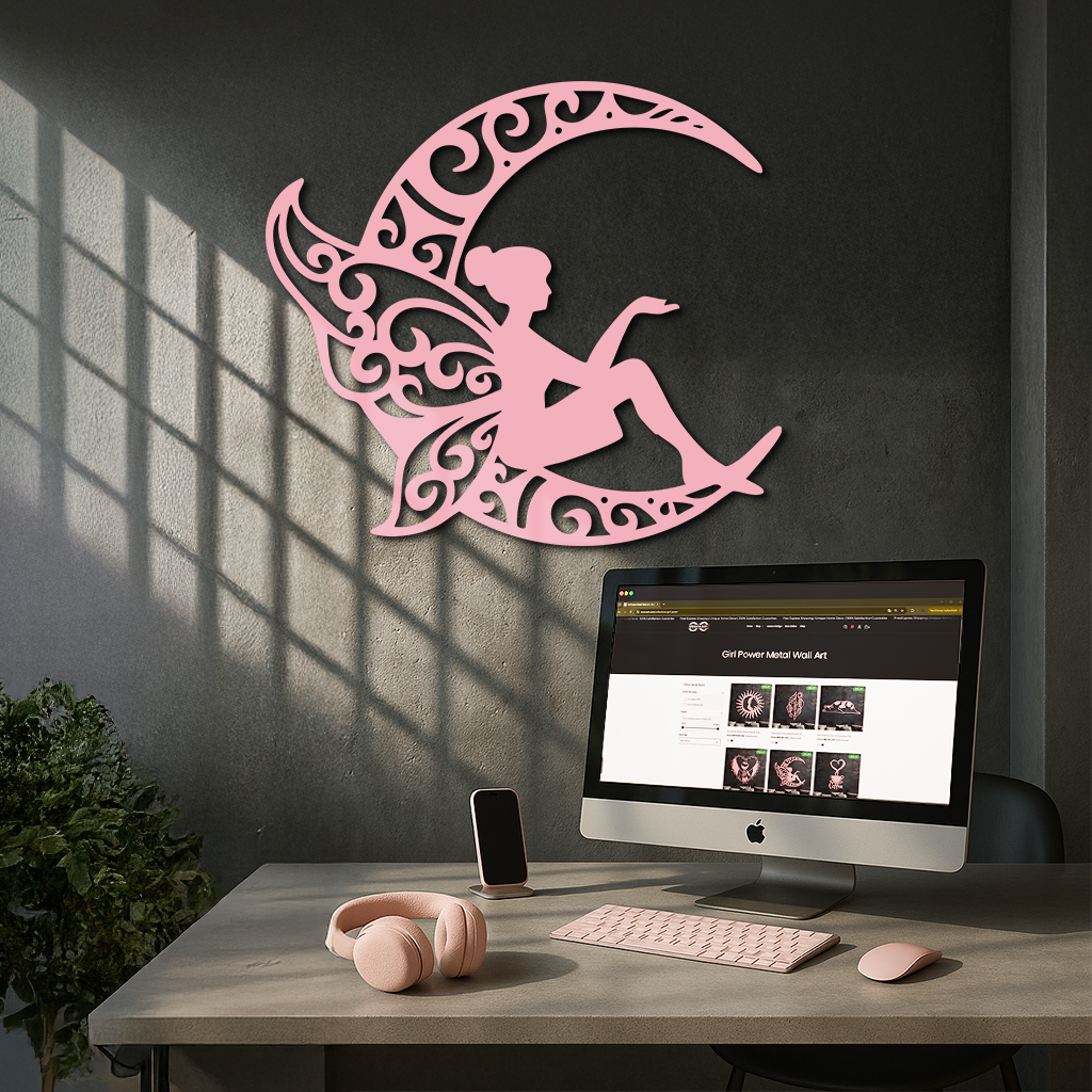 Fairy Sitting on Crescent Moon Metal Wall Art – Enchanted Decorative Silhouette - KAFGP132 by Enova Art