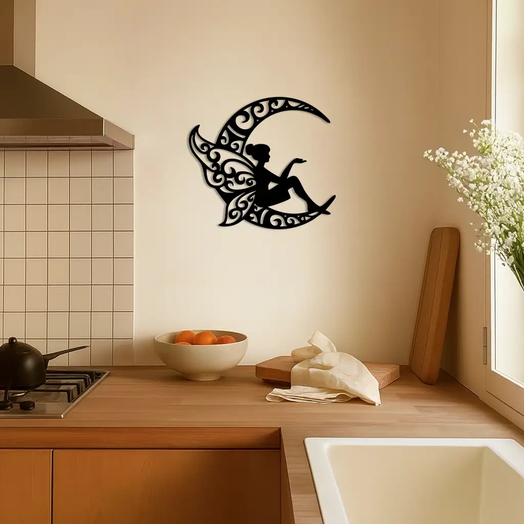 Fairy Sitting on Crescent Moon Metal Wall Art – Enchanted Decorative Silhouette - KAFGP132 by Enova Art