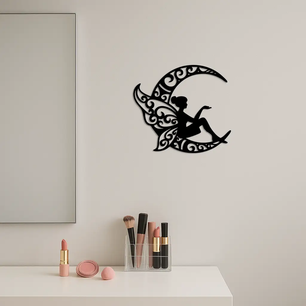 Fairy Sitting on Crescent Moon Metal Wall Art – Enchanted Decorative Silhouette - KAFGP132 by Enova Art