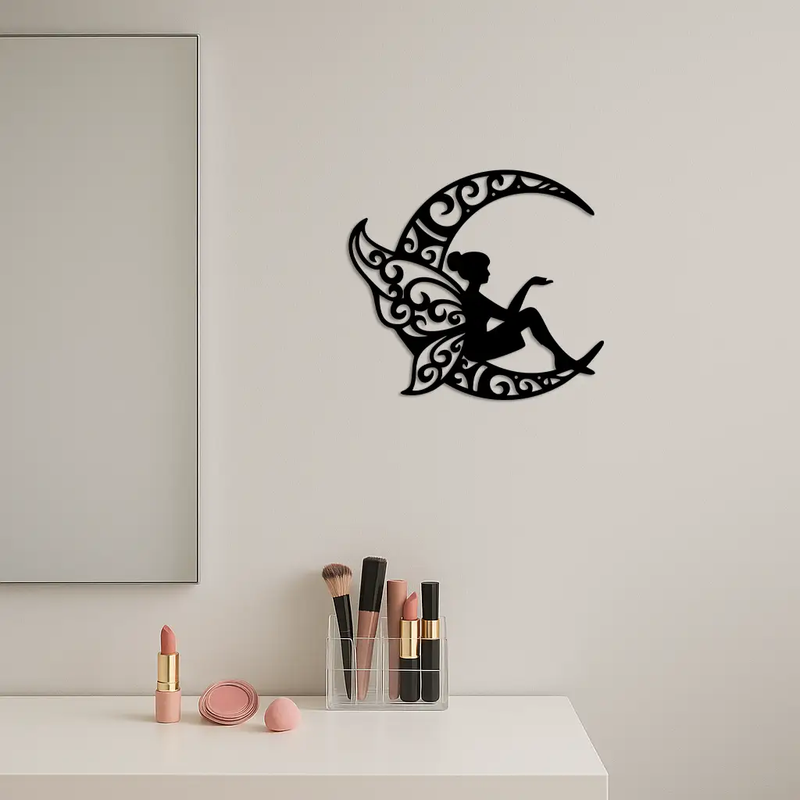 Fairy Sitting on Crescent Moon Metal Wall Art – Enchanted Decorative Silhouette - KAFGP132 by Enova Art