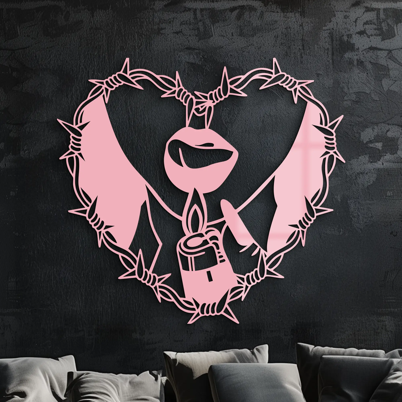 Heart Flame Metal Wall Art – Lips and Lighter Design with Barbed Wire Heart - KAFGP133 by Enova Art