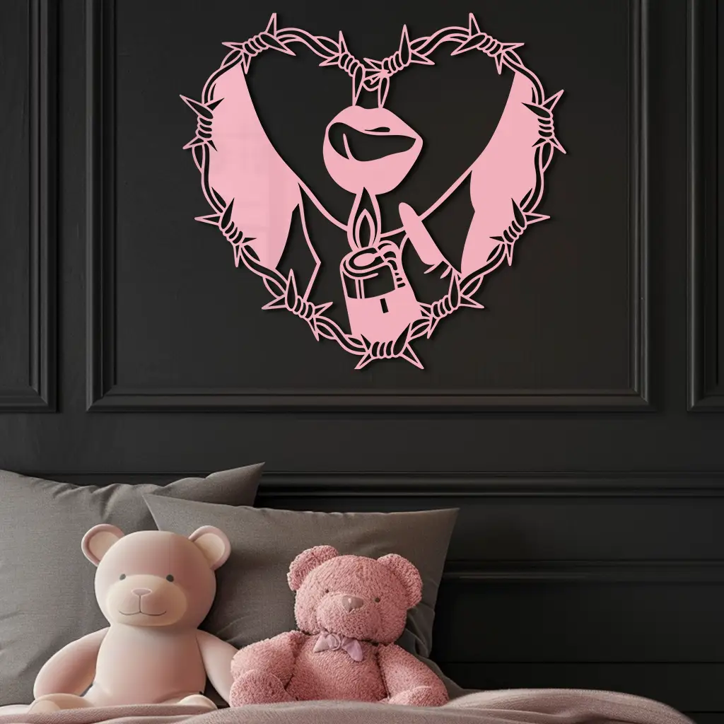 Heart Flame Metal Wall Art – Lips and Lighter Design with Barbed Wire Heart - KAFGP133 by Enova Art