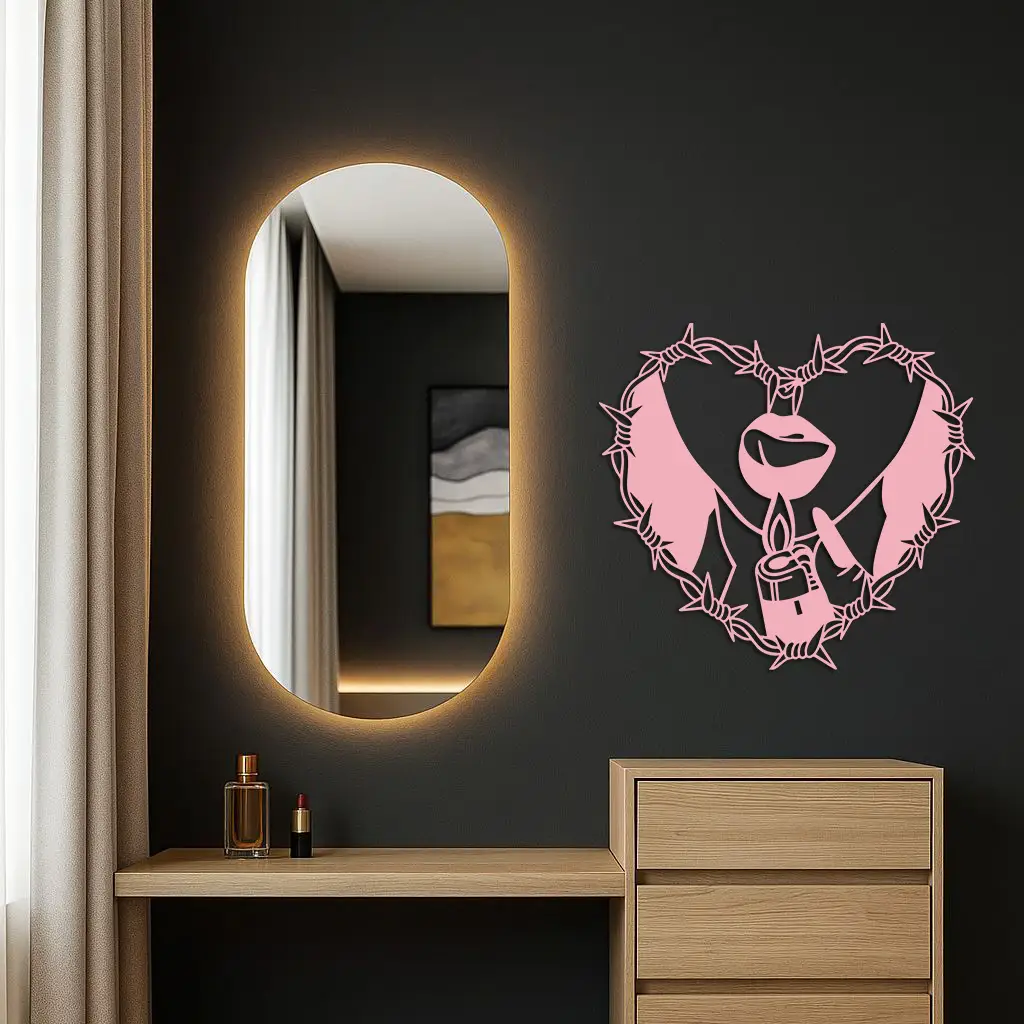 Heart Flame Metal Wall Art – Lips and Lighter Design with Barbed Wire Heart - KAFGP133 by Enova Art