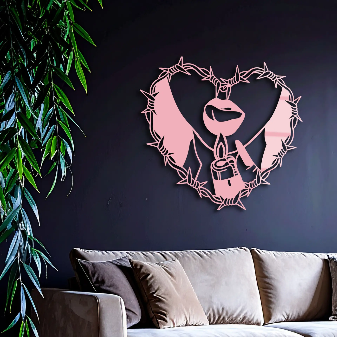 Heart Flame Metal Wall Art – Lips and Lighter Design with Barbed Wire Heart - KAFGP133 by Enova Art