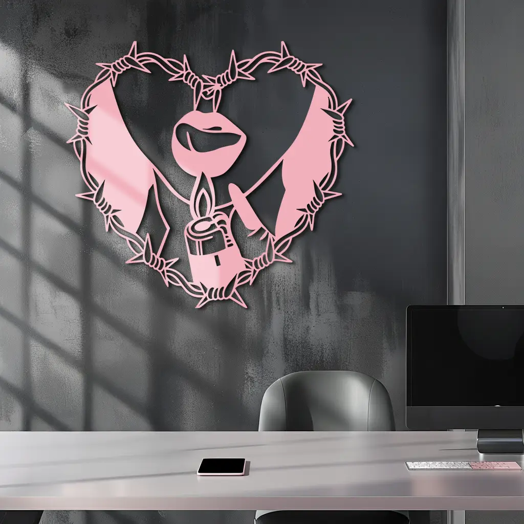 Heart Flame Metal Wall Art – Lips and Lighter Design with Barbed Wire Heart - KAFGP133 by Enova Art