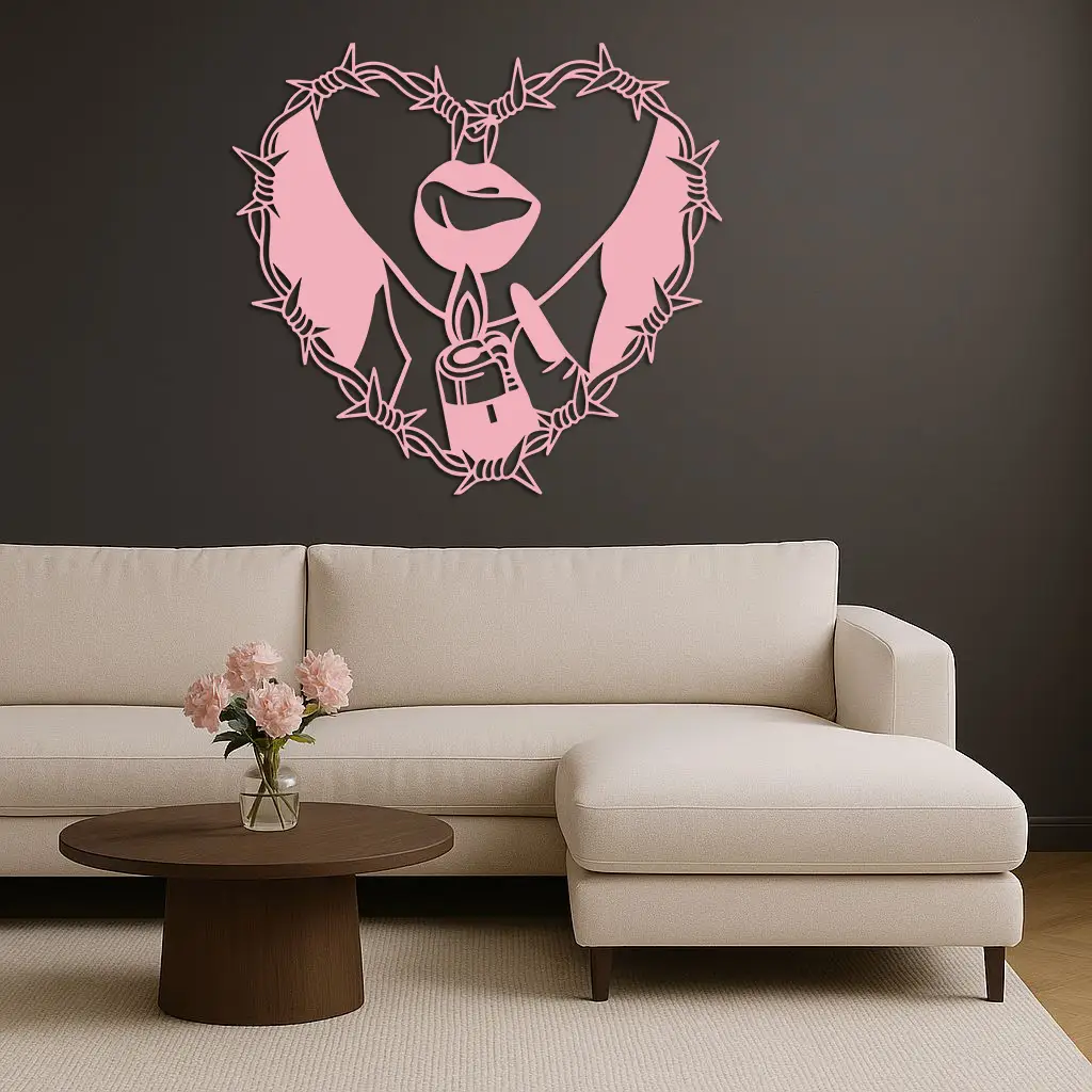Heart Flame Metal Wall Art – Lips and Lighter Design with Barbed Wire Heart - KAFGP133 by Enova Art