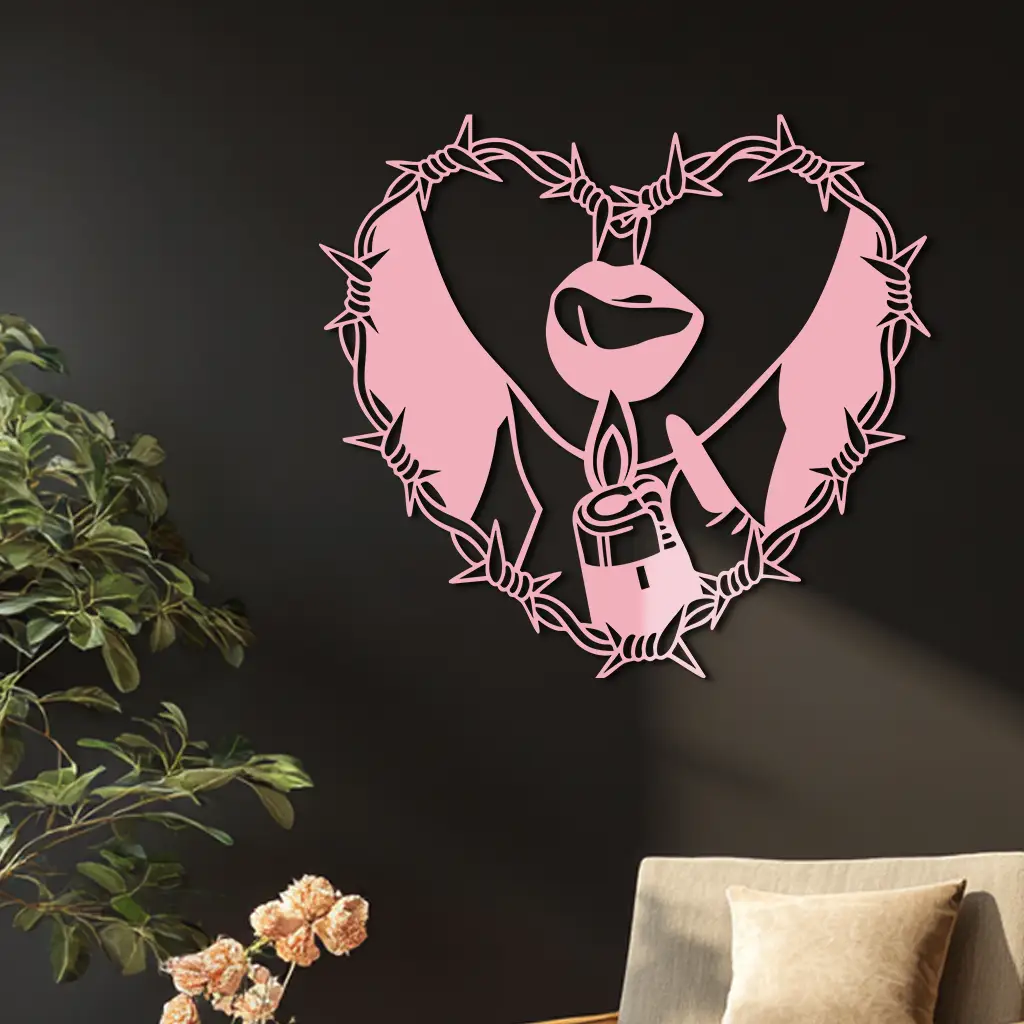 Heart Flame Metal Wall Art – Lips and Lighter Design with Barbed Wire Heart - KAFGP133 by Enova Art