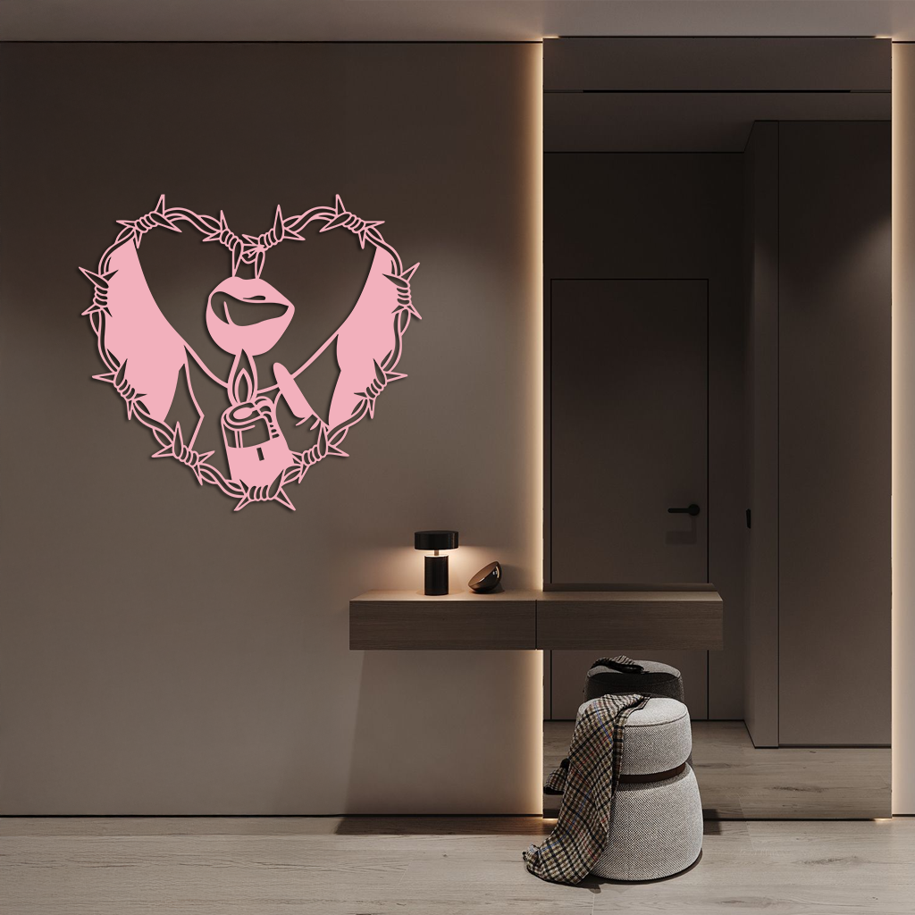 Heart Flame Metal Wall Art – Lips and Lighter Design with Barbed Wire Heart - KAFGP133 by Enova Art