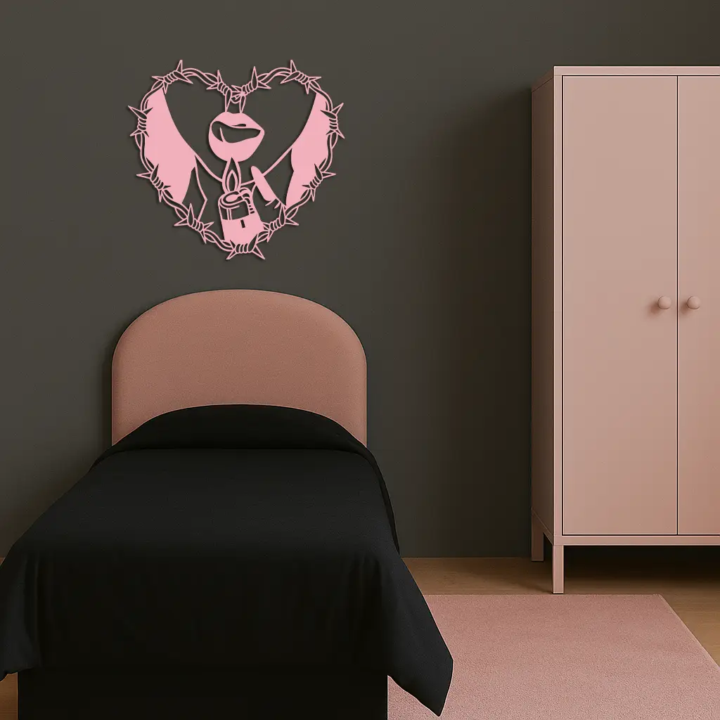 Heart Flame Metal Wall Art – Lips and Lighter Design with Barbed Wire Heart - KAFGP133 by Enova Art