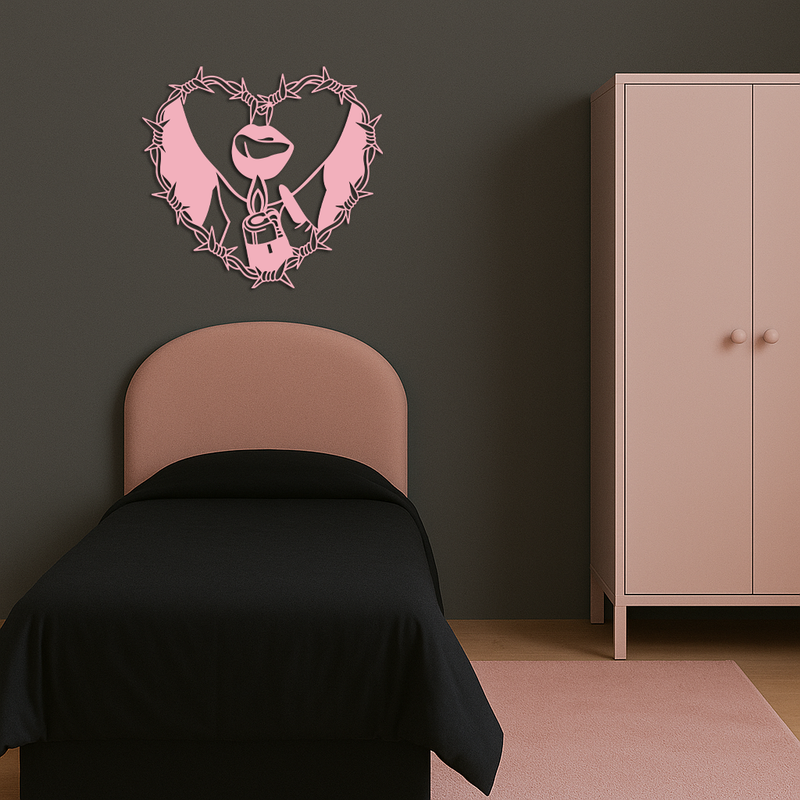 Heart Flame Metal Wall Art – Lips and Lighter Design with Barbed Wire Heart - KAFGP133 by Enova Art