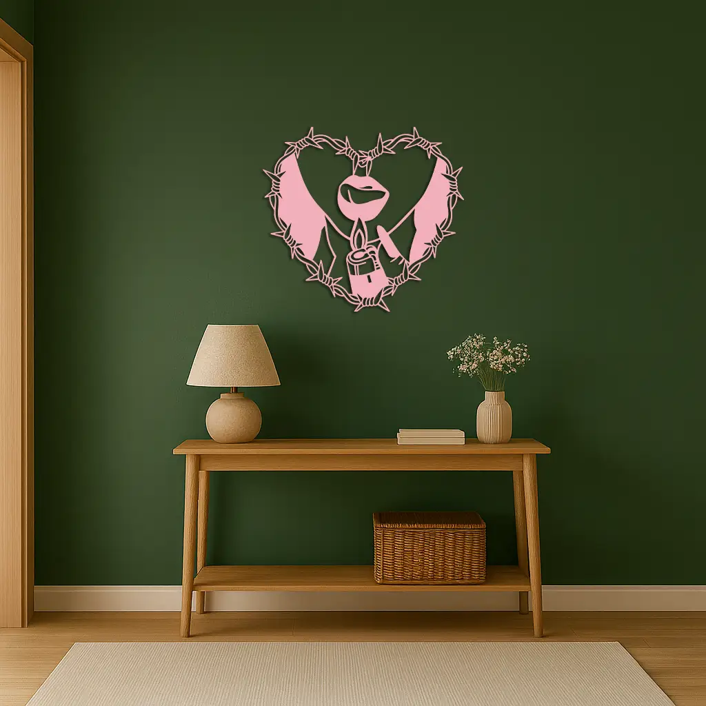 Heart Flame Metal Wall Art – Lips and Lighter Design with Barbed Wire Heart - KAFGP133 by Enova Art