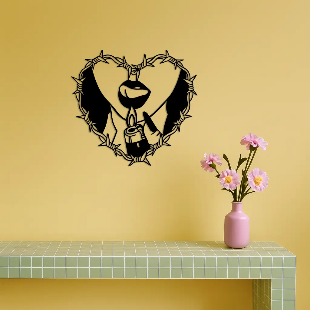 Heart Flame Metal Wall Art – Lips and Lighter Design with Barbed Wire Heart - KAFGP133 by Enova Art