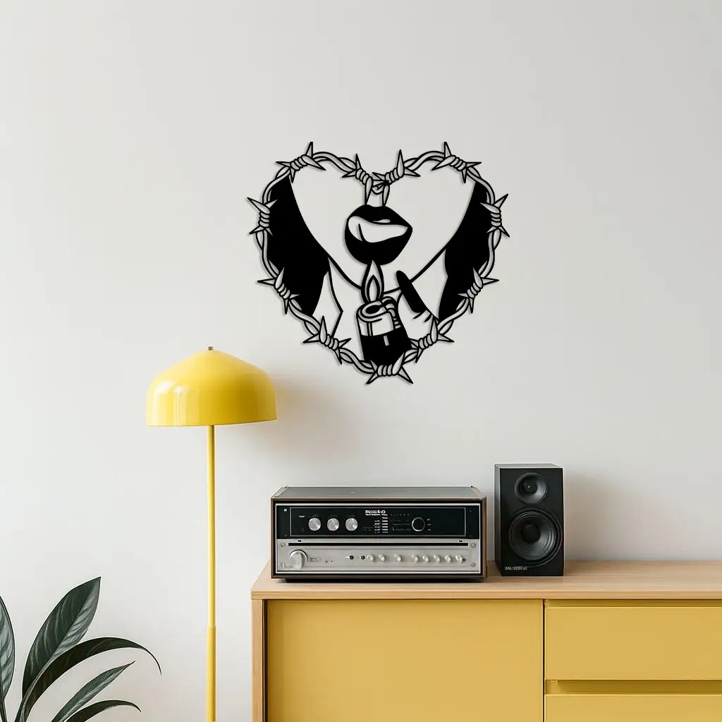 Heart Flame Metal Wall Art – Lips and Lighter Design with Barbed Wire Heart - KAFGP133 by Enova Art