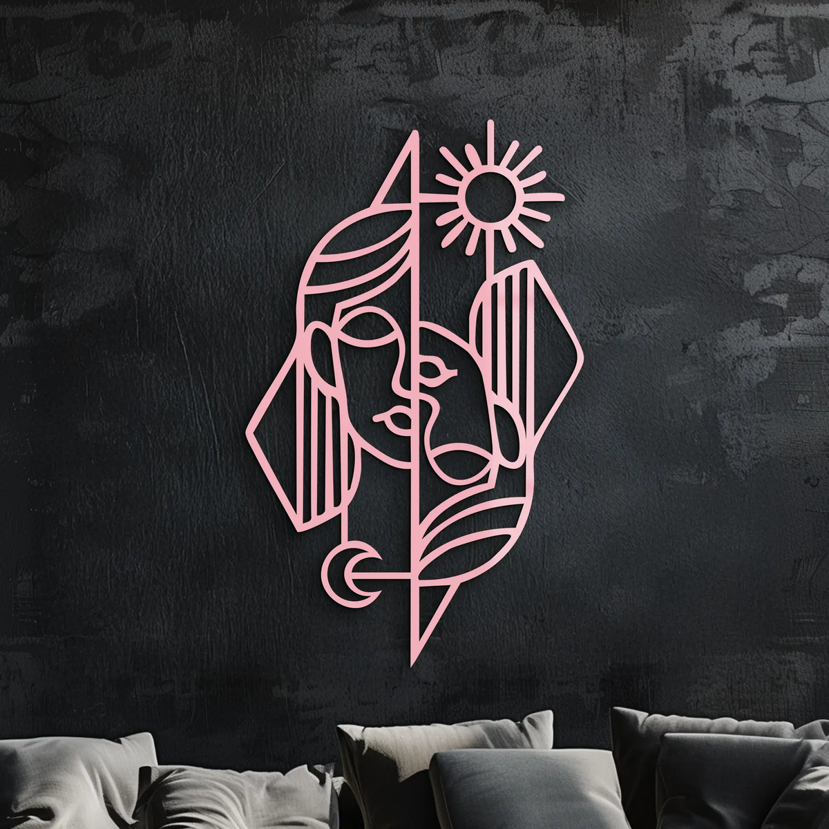 Abstract Face Metal Wall Art – Sun and Moon Geometric Line Design - KAFGP135 by Enova Art