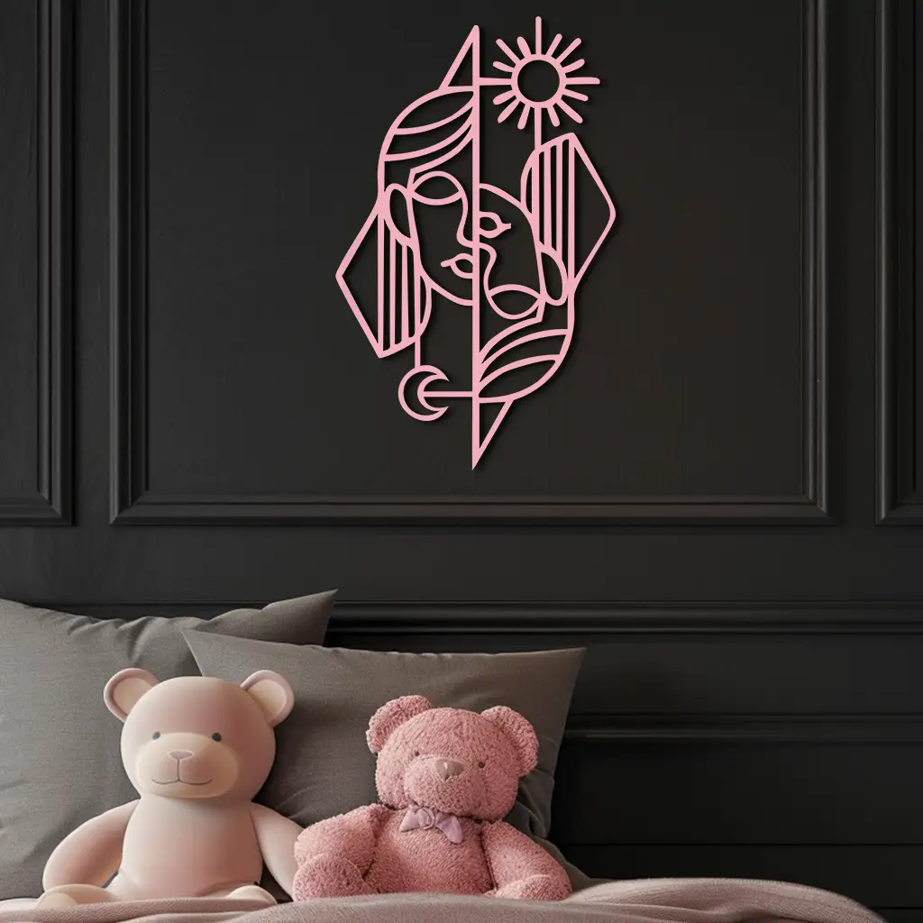 Abstract Face Metal Wall Art – Sun and Moon Geometric Line Design - KAFGP135 by Enova Art