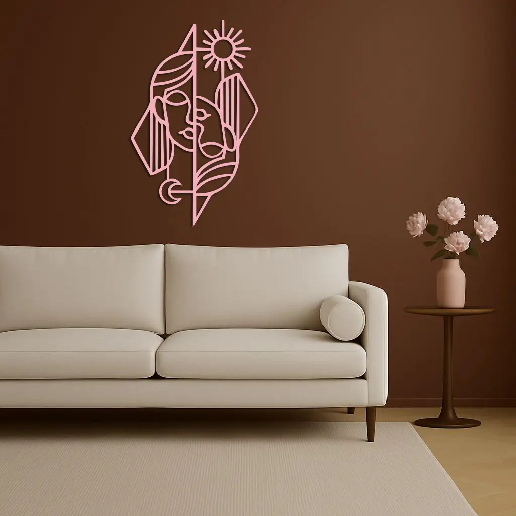 Abstract Face Metal Wall Art – Sun and Moon Geometric Line Design - KAFGP135 by Enova Art