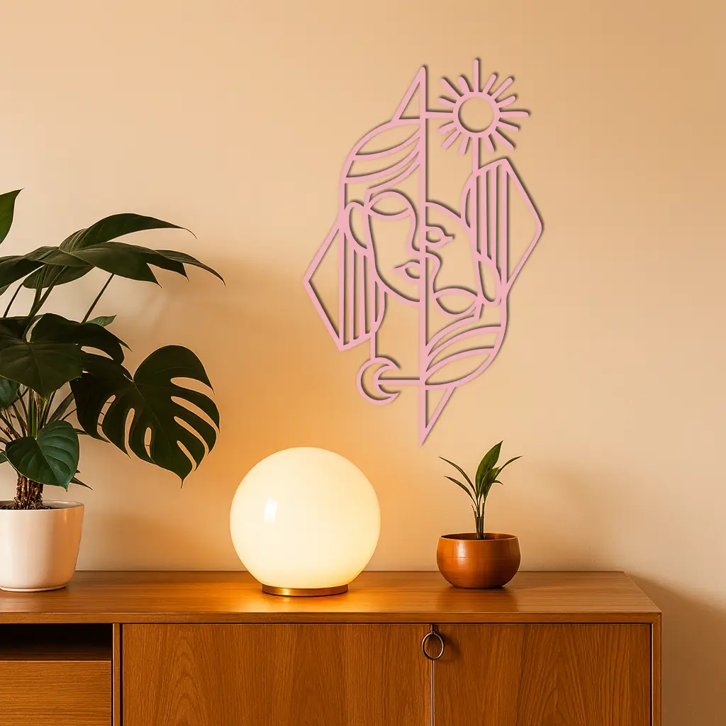 Abstract Face Metal Wall Art – Sun and Moon Geometric Line Design - KAFGP135 by Enova Art