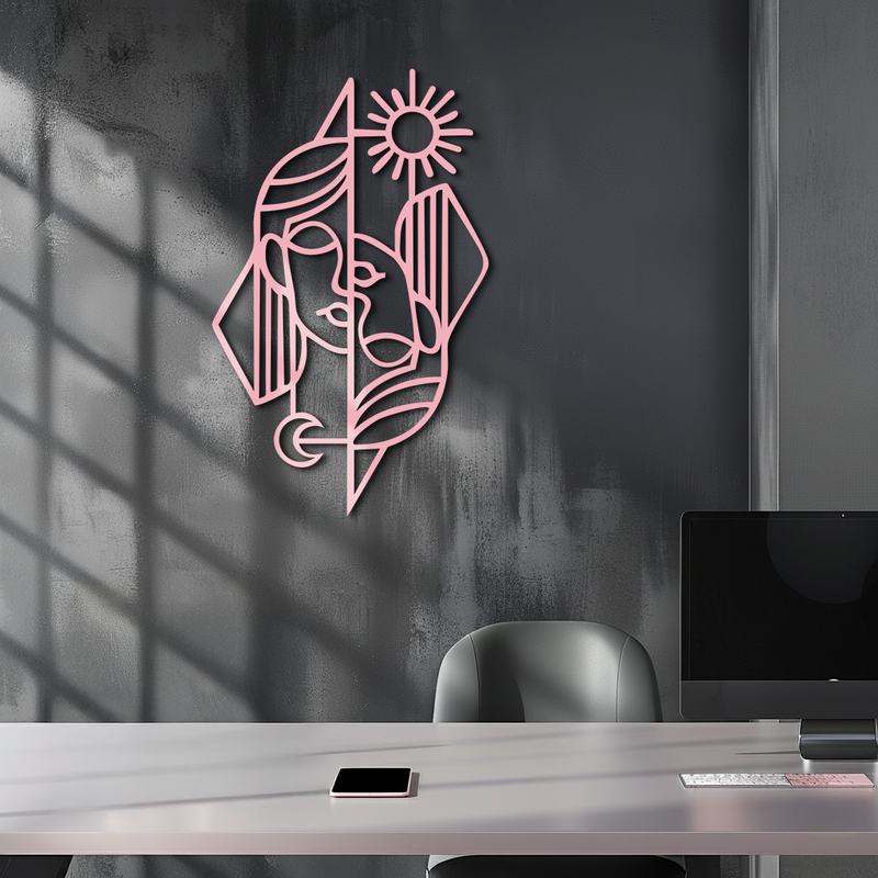 Abstract Face Metal Wall Art – Sun and Moon Geometric Line Design - KAFGP135 by Enova Art